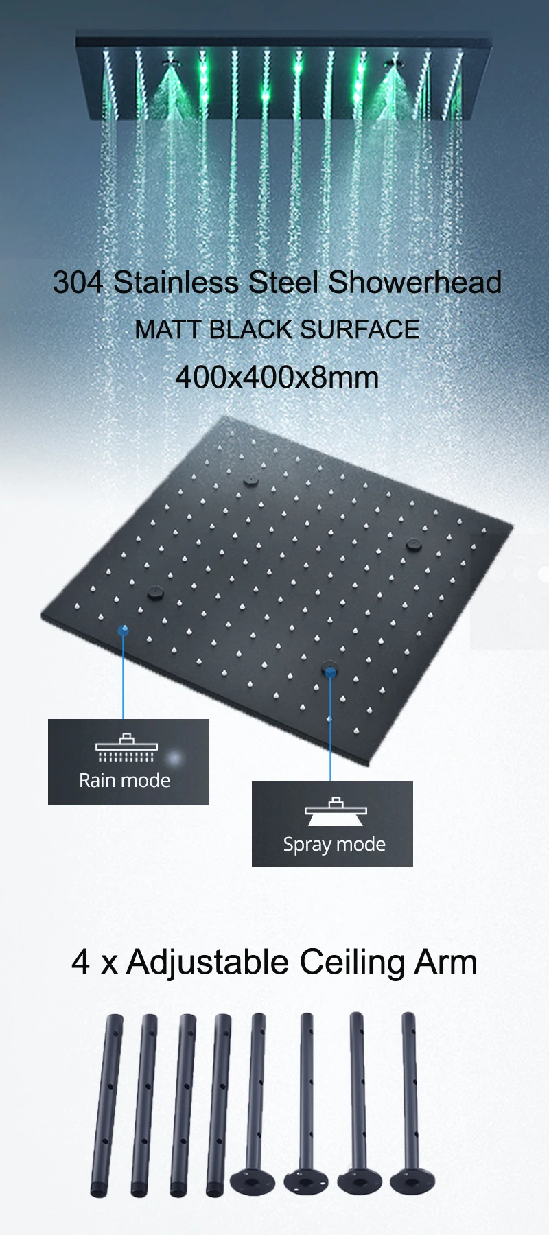 Description Picture 6 of itemHotel Modern Black Shower Set LED Ceiling Rainfall Mist Shower Panel Head Thermostatic Diverter Valve 3 Functions Bathroom