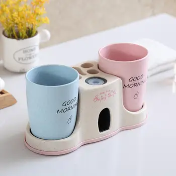 

AsyPets Wheat Environmental Protection Automatic Toothpaste Extruder Wall Toothbrush Holder Mouthwash Cup Toothbrush Rack Set