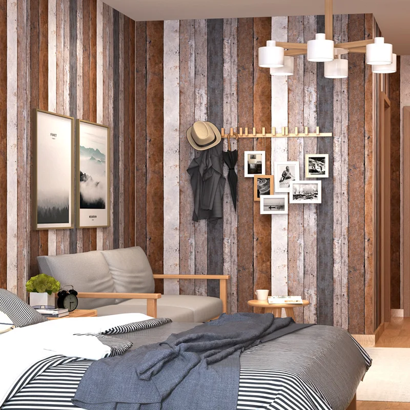 

Home Wood Planks Wall Papers Vintage Decor For Vertical Strip Colorful Retro Wall Paper For Barber Shop Bar Walls Decoration