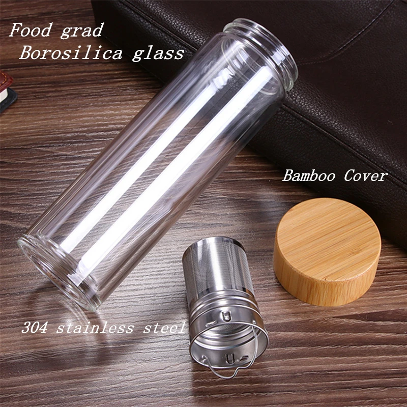 Doppel wand glas wasser flasche tee-ei термос Trinken Flaschen Mit фильтр Sieb Bambus edelstahl Deckel Drink