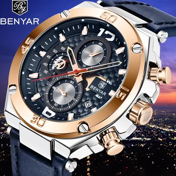 

BENYAR Top Luxury Brand Watch Men Analog Chronograph Quartz Wrist Watch leather Band Wristwatch Auto Date