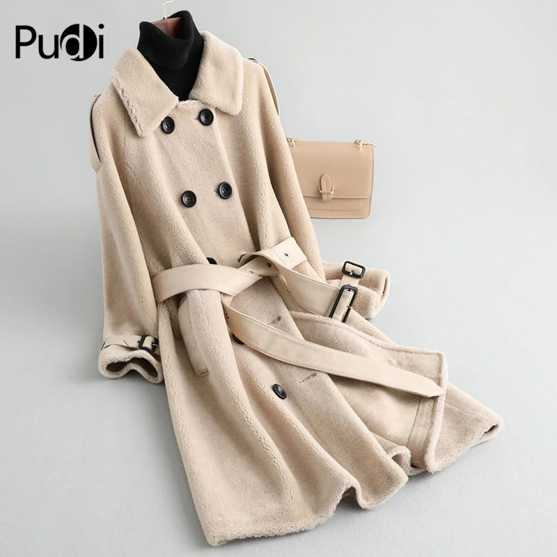 

PUDI A19046 women winter belt genuine wool fur coat winter warm lady Real fur coat jacket overcoat
