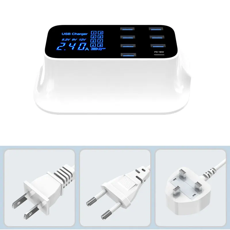 Hot shell New quick charger 8 USB interface wireless fast charge smart HD Digital Fast Charger multitool with type C 18W