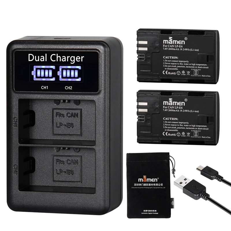 Mamen 2600MAh LP E6 LPE6 батарея для цифровой камеры + USB lcd двойное зарядное устройство Canon