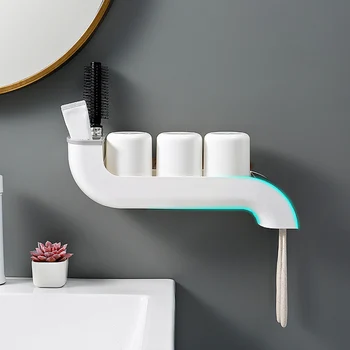 

Non Punching Hotel 3 Mouthwash Cups Home Toothpaste Storage Save Space With Dust Cover Drain Rack Toothbrush Holder Wall Mounted