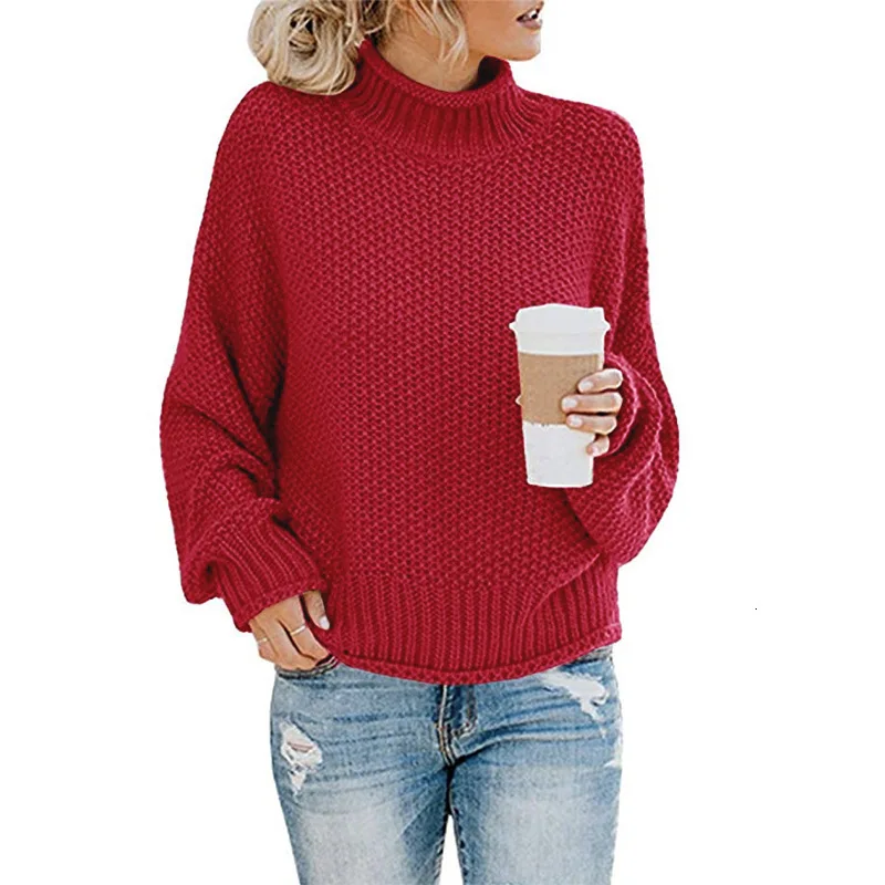 Зимний Повседневный вязаный свитер для женщин, водолазка с длинным рукавом, пуловеры, свободное однотонное пальто, модные свитера, одежда, пуловер - Цвет: claret red