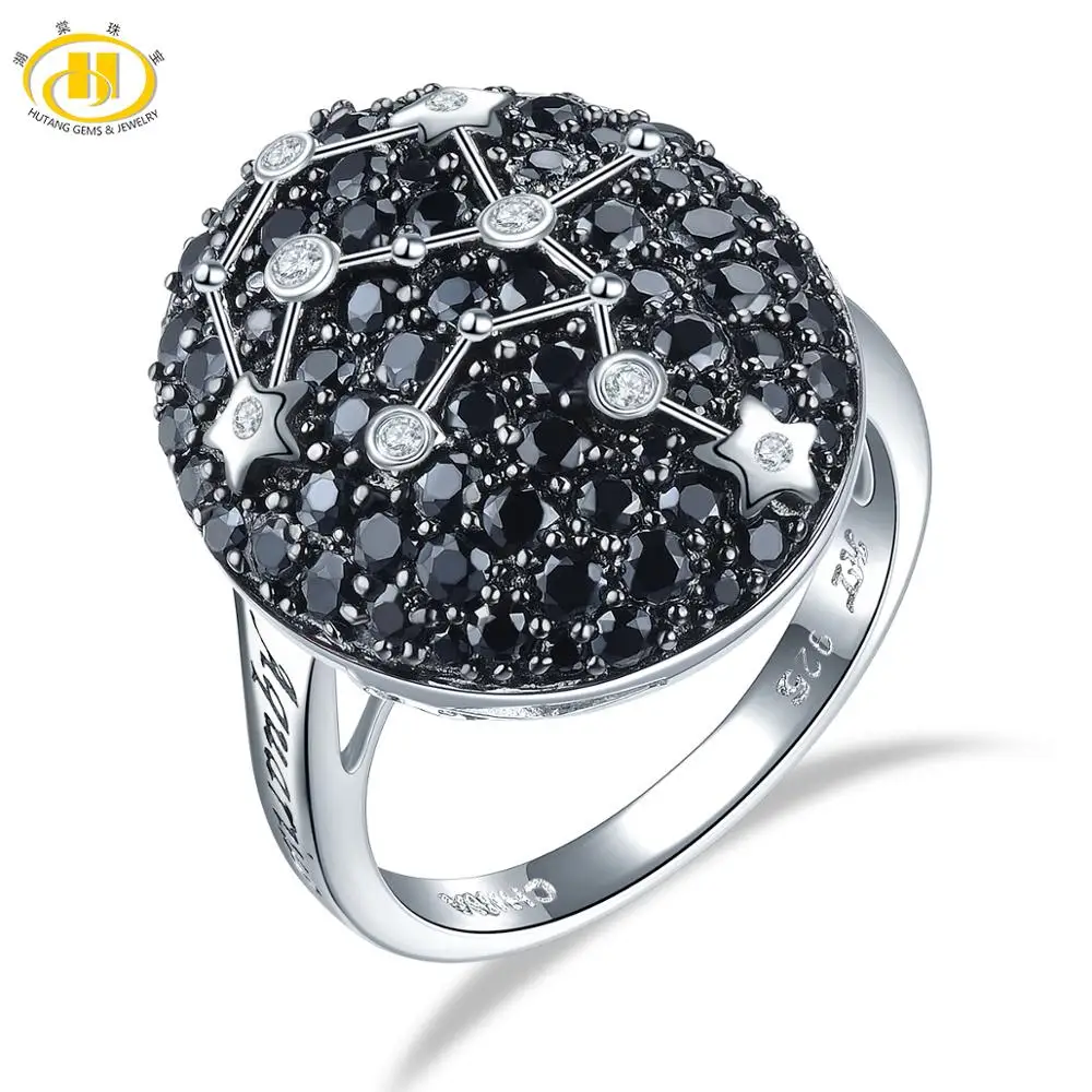 Hutang 12 Созвездие серебряное кольцо, драгоценный камень черная шпинель 925 пробы серебряные кольца, ювелирные украшения для женщин подарок на день рождения - Цвет камня: Aquarius