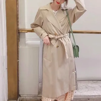 

Women Trench New Lapel Double-breasted Lace-up Stitching Lattice Temperament Women's Trench Coat