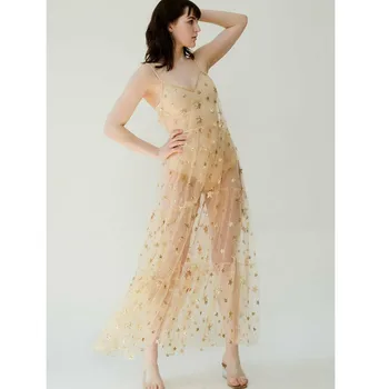 

Brand New 2020 Summer Mujer Star Sequined Mesh Beach Dress Lace Transparent Bikini Cover Up Maxi Dress Female Star Vestido