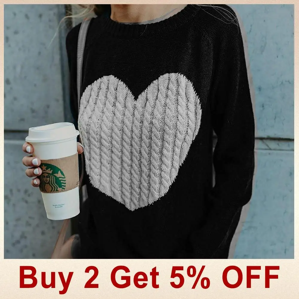 Casual Autumn Winter Pullover Long Sleeve O Neck Heart Knitted Women Sweaters Slim Pull Femme Jumpers 3XL Size Loose Sweater