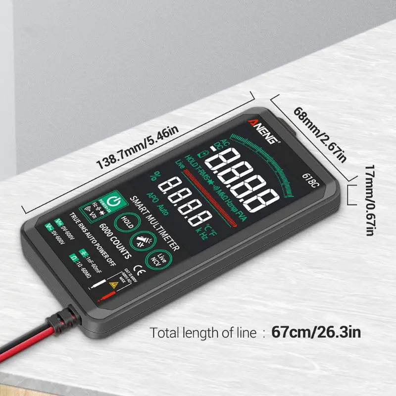 

618C Digital Multimeter Smart Touch AC DC True RMS Transistor NCV Tester Meter
