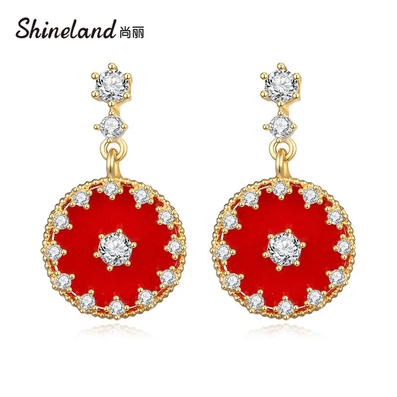 

Shineland Luxury High Quality Gold Color Red Enamel Round Crystal Drop Dangle Earrings for Women Metal Wedding Jewelry Brincos