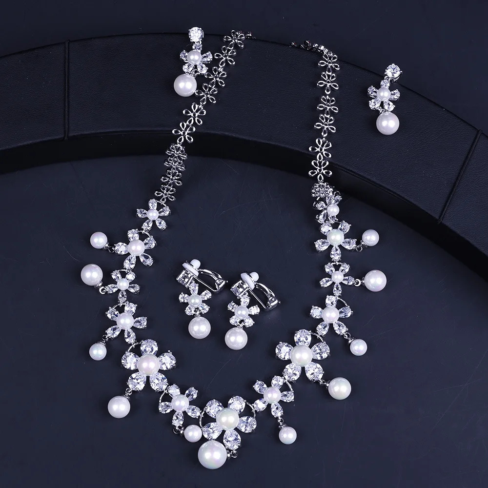 

Pearl Flower Fahsion Wedding Ladies Jewelry Sets For Women Micro Pave Zircon Earrings Necklaces Set jewellery