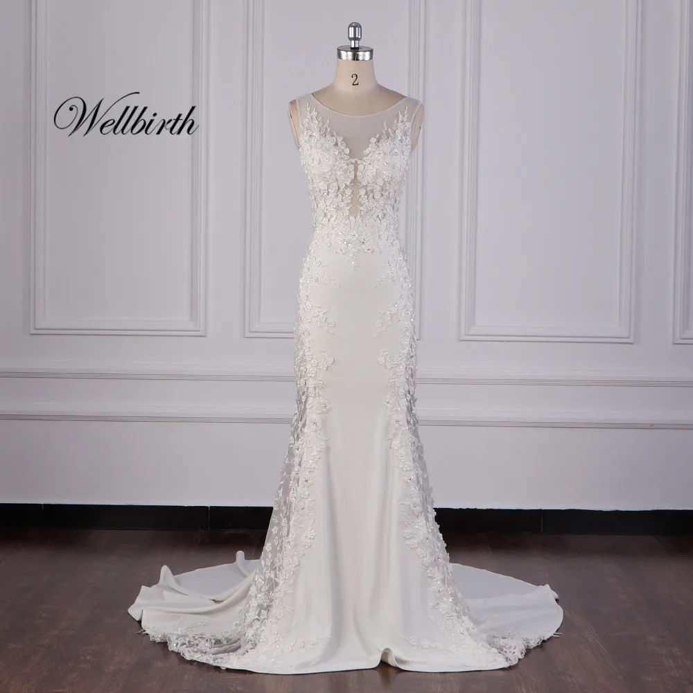 Реальное изображение Wellbirth Vestido de novia v-образный вырез Русалка свадебное платье с коротким рукавом свадебное платье jc039