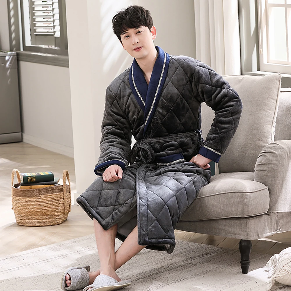 mens pajama pants Winter Men's Bathrobe Terry Robe 3-layer Flannel Super Thick Warm Dressing Gown Luxury Solid Plaid Long Robe For Man Towel Towel mens silk pajamas short set Men's Sleep & Lounge