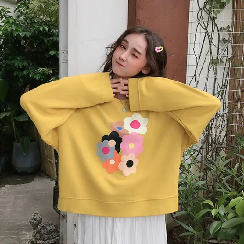 

MMWomen Korean Plus Size Kawaii Sweatshirt Autumn White Yellow Pullovers Preppy Fleece kpop Tracksuit Hoodies