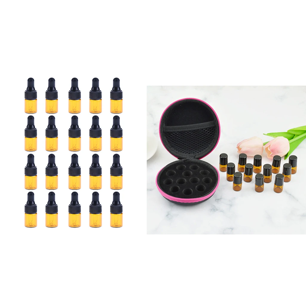 

12 Slots Round Pocket Essential Oils Carry Cases Bag + 20pcs 1ml Glass Dropping Bottles for Home Travel Liquid Oil Storage
