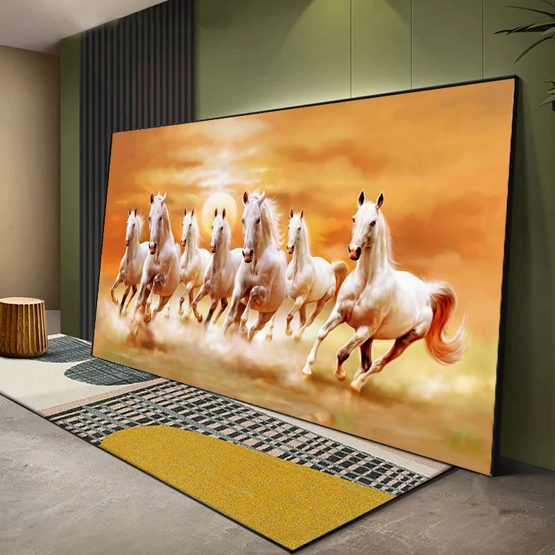 Seven Running White Horse Animal Painting Artistic Canvas Gold Posters and Prints Modern Wall Art Pictures For Living Room Decor