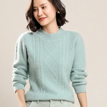 Женский пуловер с высоким воротником, мягкий теплый однотонный вязаный джемпер из меха норки и кашемира, с круглым вырезом, в английском сти...