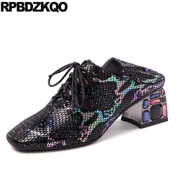 

multi colored square toe sandals mules slipper genuine leather lace up big size 10 42 pumps chunky block heels shoes for women