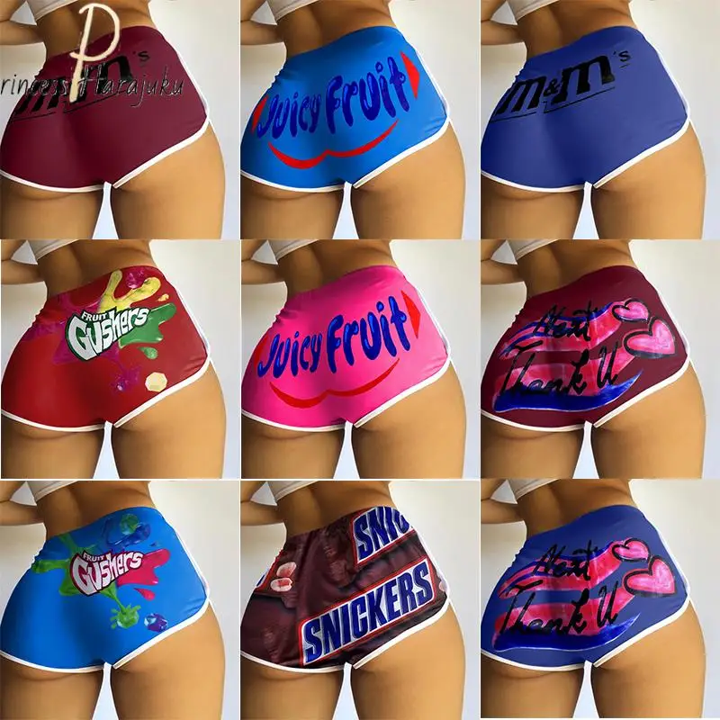 

Shorts Elastic Waist Sports Women Summer Color Print Anti Emptied Skinny Shorts Lady Casual Beach Running Short Pants 2021 New