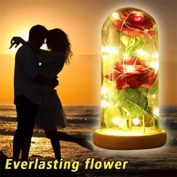 

Beauty Artificial Red Wooden Dome Decoration Glass Base Accessories Home Valentine's Party Rose LED Gifts..