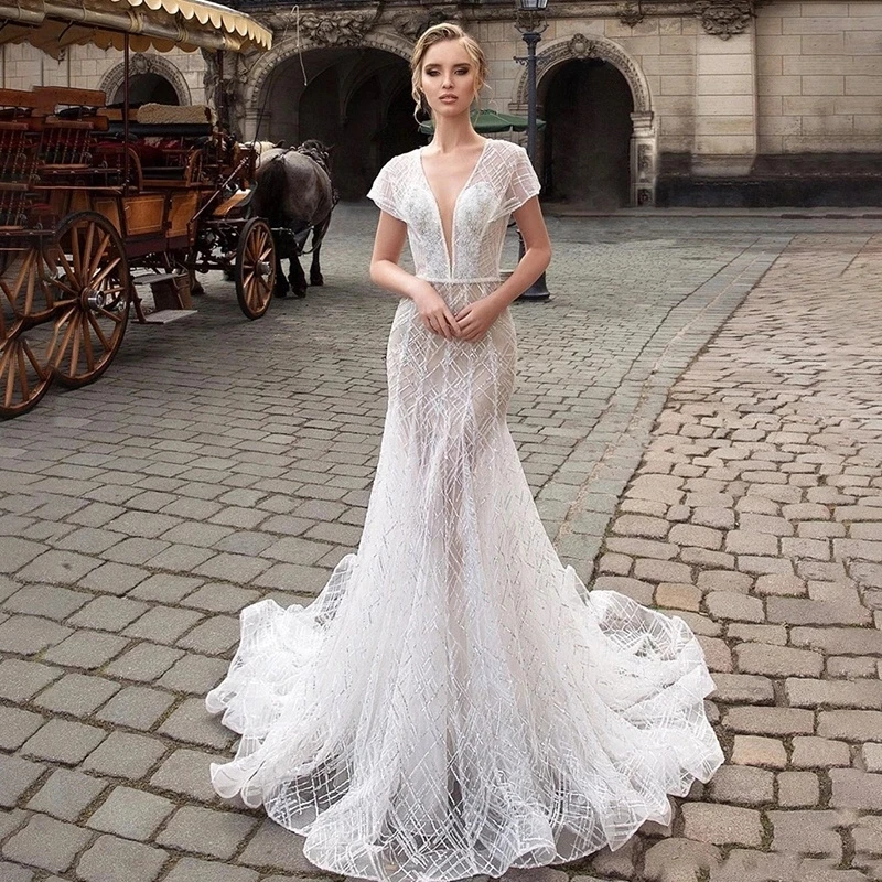 Потрясающее кружевное свадебное платье русалки Vestido de noiva с коротким рукавом и v-образным вырезом в Западном и деревенском стиле свадебные платья, платья невесты