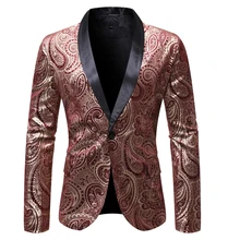 PUIMENTIUA 2019 New Mens Autumn Pirnt Casual Blazers England Style A Buckle Suits Men Blazer Slim Fit Embroidery V-Neck Blazer