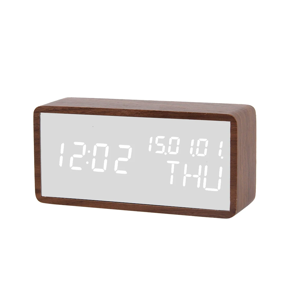 Светодиодный настольный часы с календарем, цифровой Деревянный Зеркальный будильник, большой таймер, голосовое управление, повтор, Despertador, настольные часы, USB/AAA - Цвет: 4-1