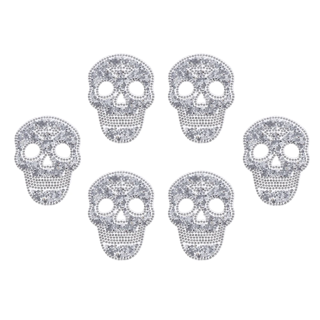 6Pcs Bling Skull Head Rhinestone Appliques Iron/Sew On Hat Bag Clothes Patch