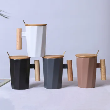 

380ml Wood Handle Ceramic Coffee Mug Creative Polygonal Office Home Milk Tea Cup For Gift