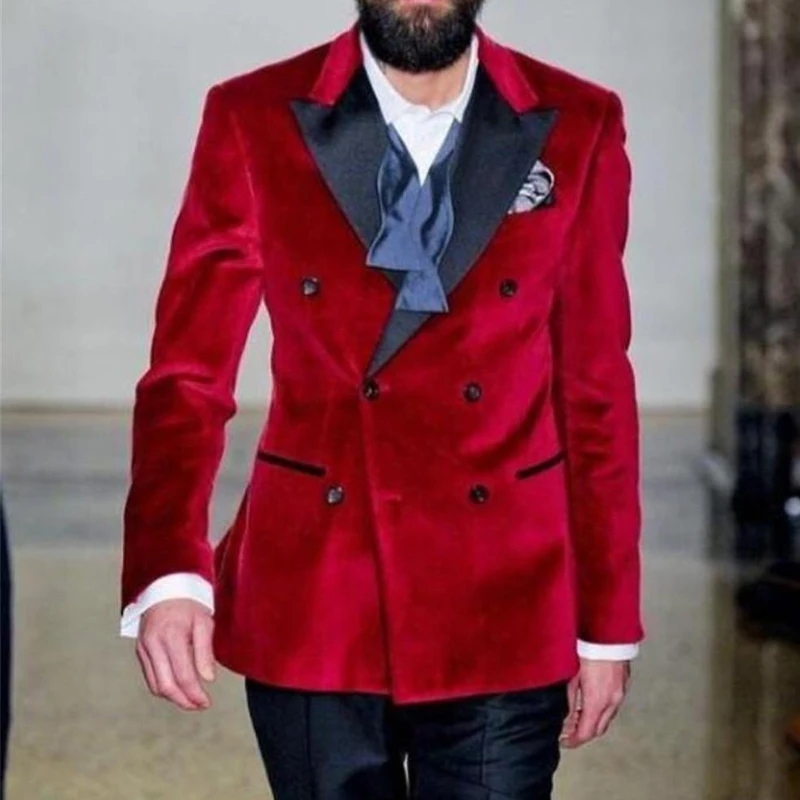 Red Velvet Casual Men Suits for Wedding Groomsmen Tuxedos Tailor Made 2 Piece Prom Male Set Jacket with Black Pants New Fashion
