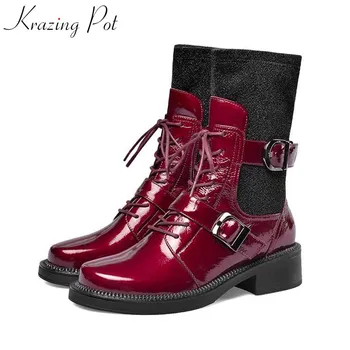 

krazing pot European style mixed colors rock buckle straps boots round toe med heels keep warm women lace up mid-calf boots L21