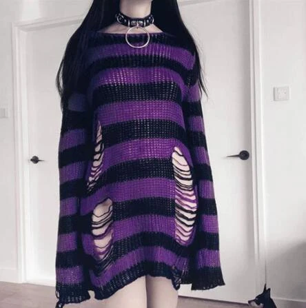 Harajuku Spring Autumn Gothic Girls Punk Sweater Women Long Pullover Hole Striped Loose Befree Sweaters Knitted Jumpers Sweater T Shirts Aliexpress