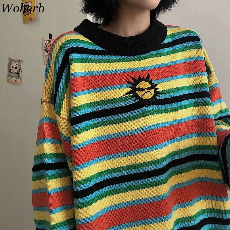 Woherb, корейский стиль, Harajuku, радужные полосатые пуловеры, джемперы с длинным рукавом, Ретро стиль, свободный свитер, женская мода, новинка 91320