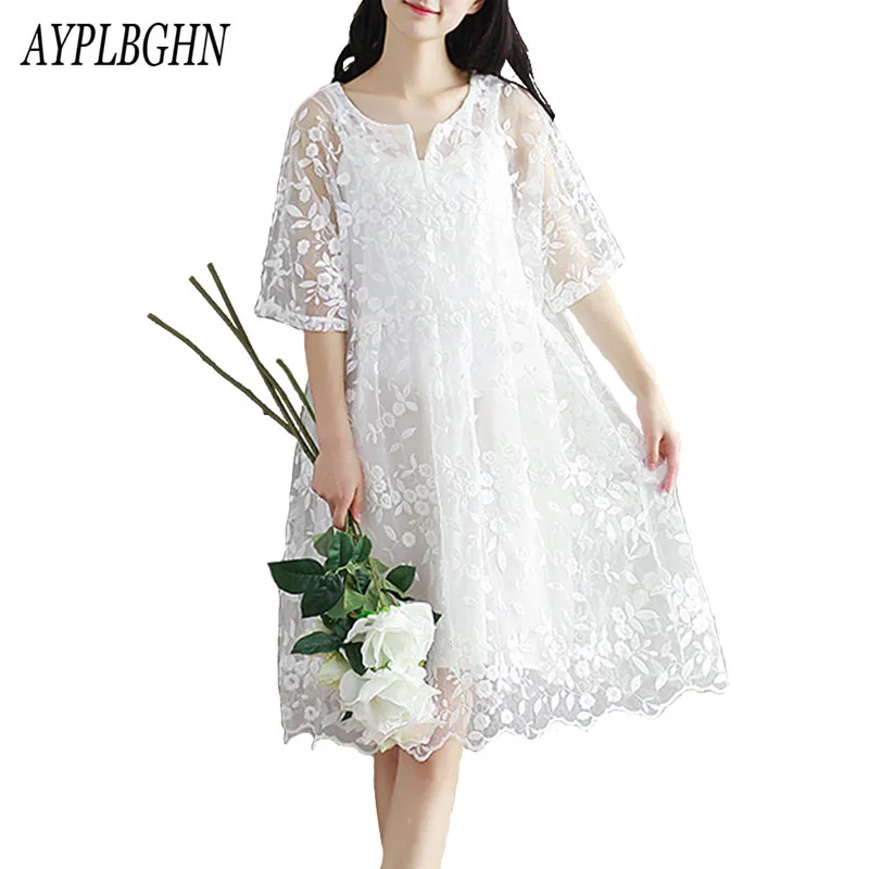 Mori Girl Chiffon Embroidery Summer Dress Color High Waist Women White Lace Dress Fashion O Neck Two Pieces Vestidos