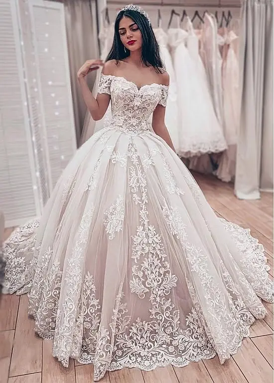 Gorgeous Lace Ball Gown Wedding Dresses 2019 Sweetheart Off The Shoulder Appliques Lace Up Back Muslim Bride Wedding Gown