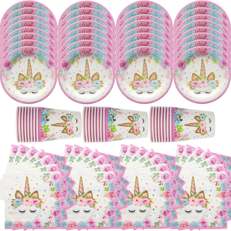 

80/100pcs Batch Unicorn party disposable tableware Girlish kids birthday party decoration Unicornio Baby shower Paper plates cup