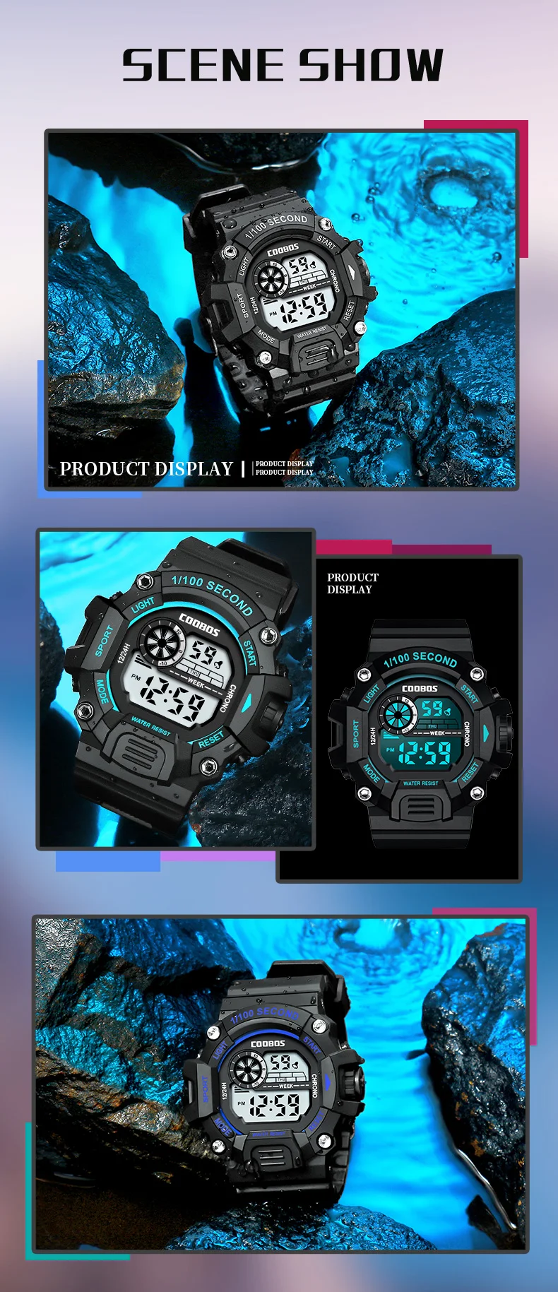 Coobos Men Digital Watch 2022 Birthday Gift Silicone Strap 1/100 Second Sport Clock Green Light Waterproof Wrist Watches for Man