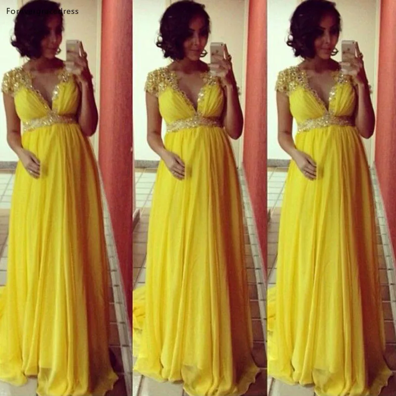9304W Elegant Vestido longo V Neck Yellow Chiffon Sexy Long Pregnant Evening Dresses 2016 New Modest Formal Gowns Robe de soiree 93 evening