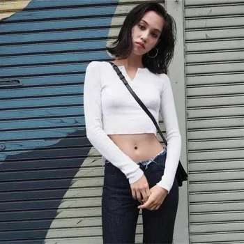 

Womens Clothing New Casual Elasticity Solid T-shirt Women Fashion O-neck Single-breasted Full Sleeve Crop Top Women Club Outfits