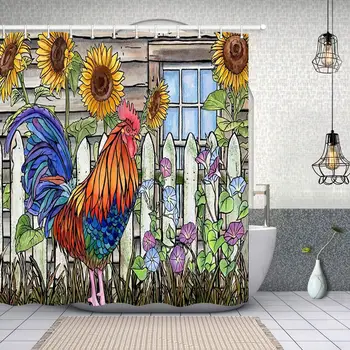 

Inbetweening Rooster Decor, Village Farm Chicken and Sunflowers in Wooden Shower Curtain, Polyester Fabric American Animals