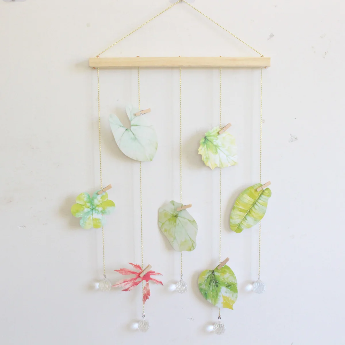 Natural Wood Golden Chain with Crystal Pendant 16×29 inch Natural Color Hanging Photo Display DIY Picture Photo Frame Collage Set Includes Wood Clips