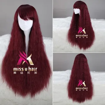 

halloween party cosplay costume Mori girl lolita with red Claret harajuku Long curly Blunt bangs and a coiffure wig+Wig Cap