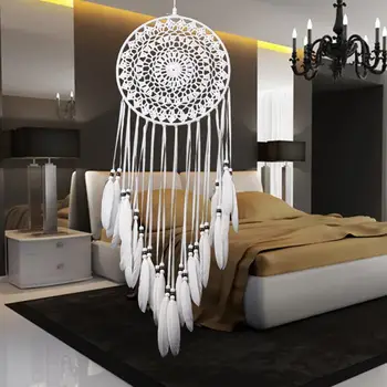 

Handmade Lace Dream Catcher Windchimes with Indian Style Car Wall Hanging White Feather Dreamcatcher Home Decoration