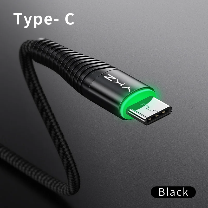 Дата Тип usb C кабель быстрой зарядки светодиодный светильник мобильный телефон Зарядное устройство USB C Тип C кабель для Xiaomi Redemi samsung huawei Oneplus - Цвет: Черный