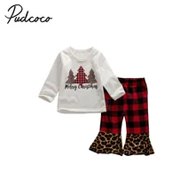 Детская одежда весна-осень 2 шт. Рождественский комплект для новорожденных и малышей Одежда для детей; малышей; девочек Рождественские футболки, верхняя одежда+ клетчатые леопардовые брюки-клеш