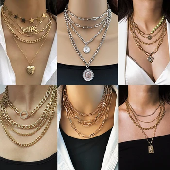 

Punk Multi Layered Chunky Chain Choker Necklaces for Women Vintage Portrait Coin Heart Stars Pendant Necklace Hip Hop Jewelry