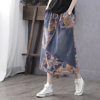 

New Spring retro print Elastic waist denim skirt with pockets