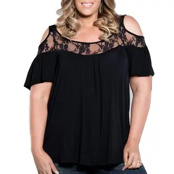 

Women Summer Casual Lace Splice Cold Shoulder Solid Color Short Sleeve T-shirt